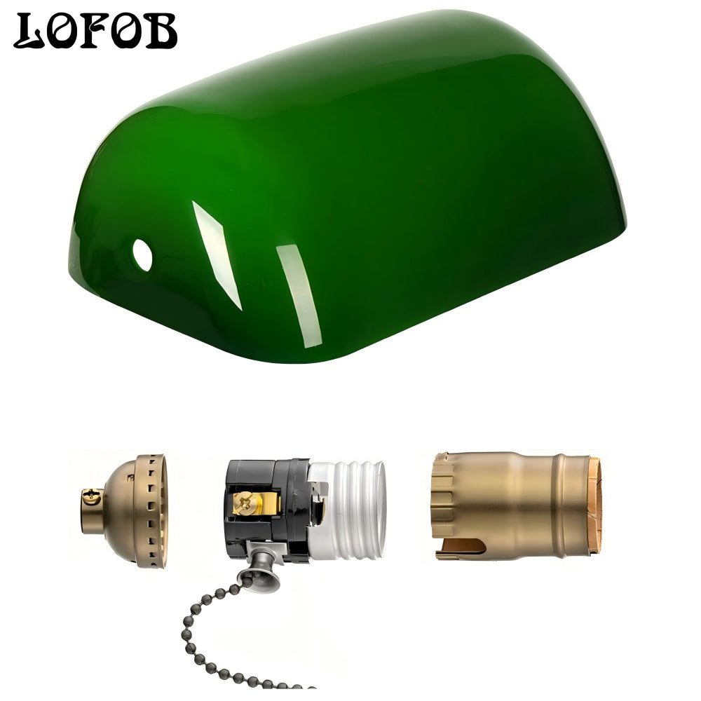 LOFOB Green Glass Banker's Lamp Shade Replacement Cover L8.85 W5.11,with E26 socket Pull Chain Switch