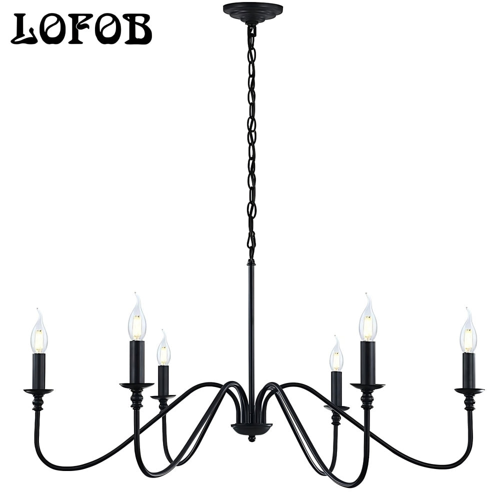 LOFOB 6-Light Rustic Industrial Black Iron Chandeliers