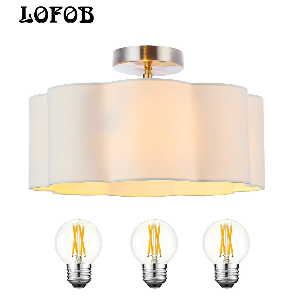 LOFOB 3-Light Semi Flush Mount Ceiling Light Fixture, Fabric Shade 3PCS LED Bulbs (White)