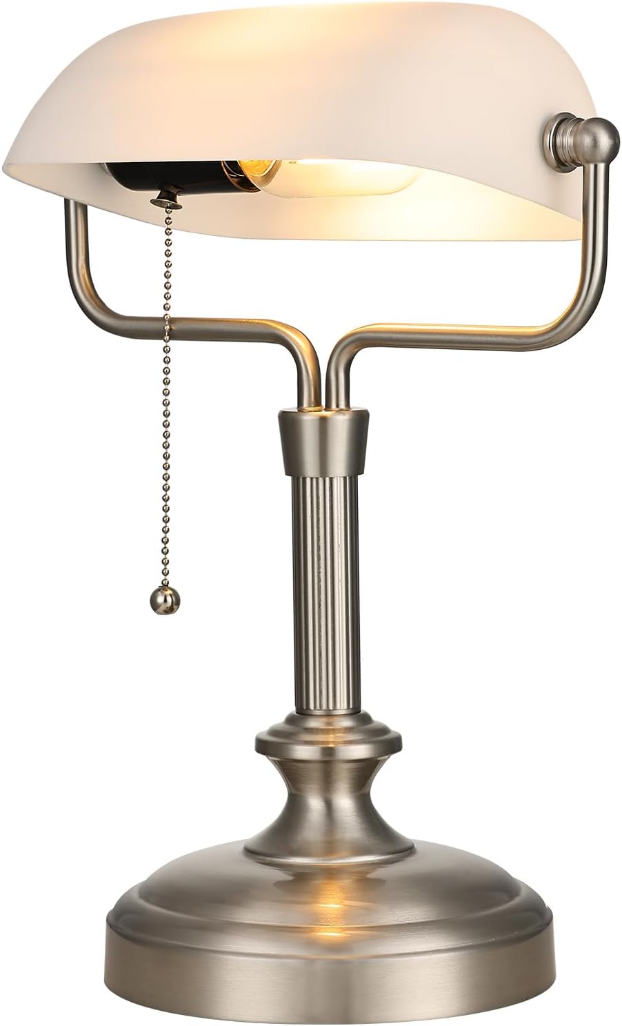 LOFOB Banker's Desk Lamp with Glass Shade,Pull Chain Switch, LED Bulb Included (Satin Nickle+White)