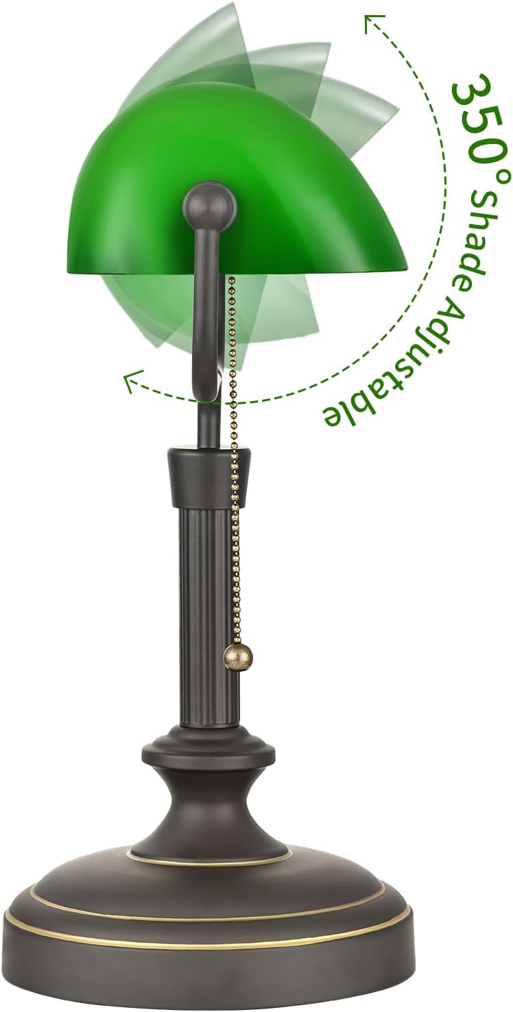 LOFOB Banker's Desk Lamp with Glass Shade,Pull Chain Switch, LED Bulb Included (Antique Black+Green)