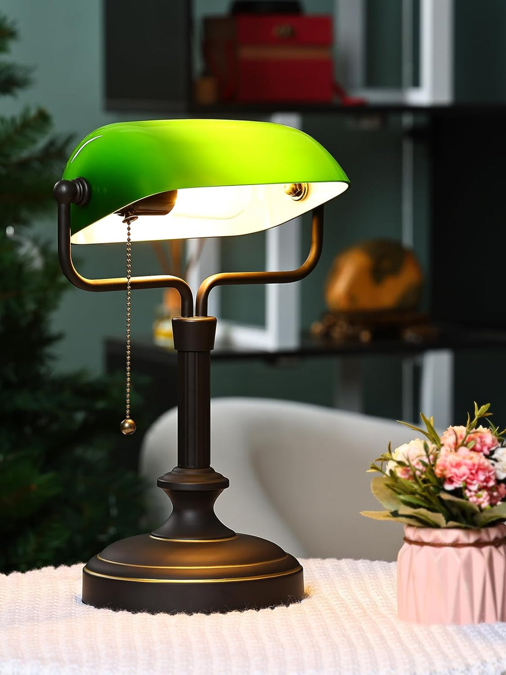 LOFOB Banker's Desk Lamp with Glass Shade,Pull Chain Switch, LED Bulb Included (Antique Black+Green)