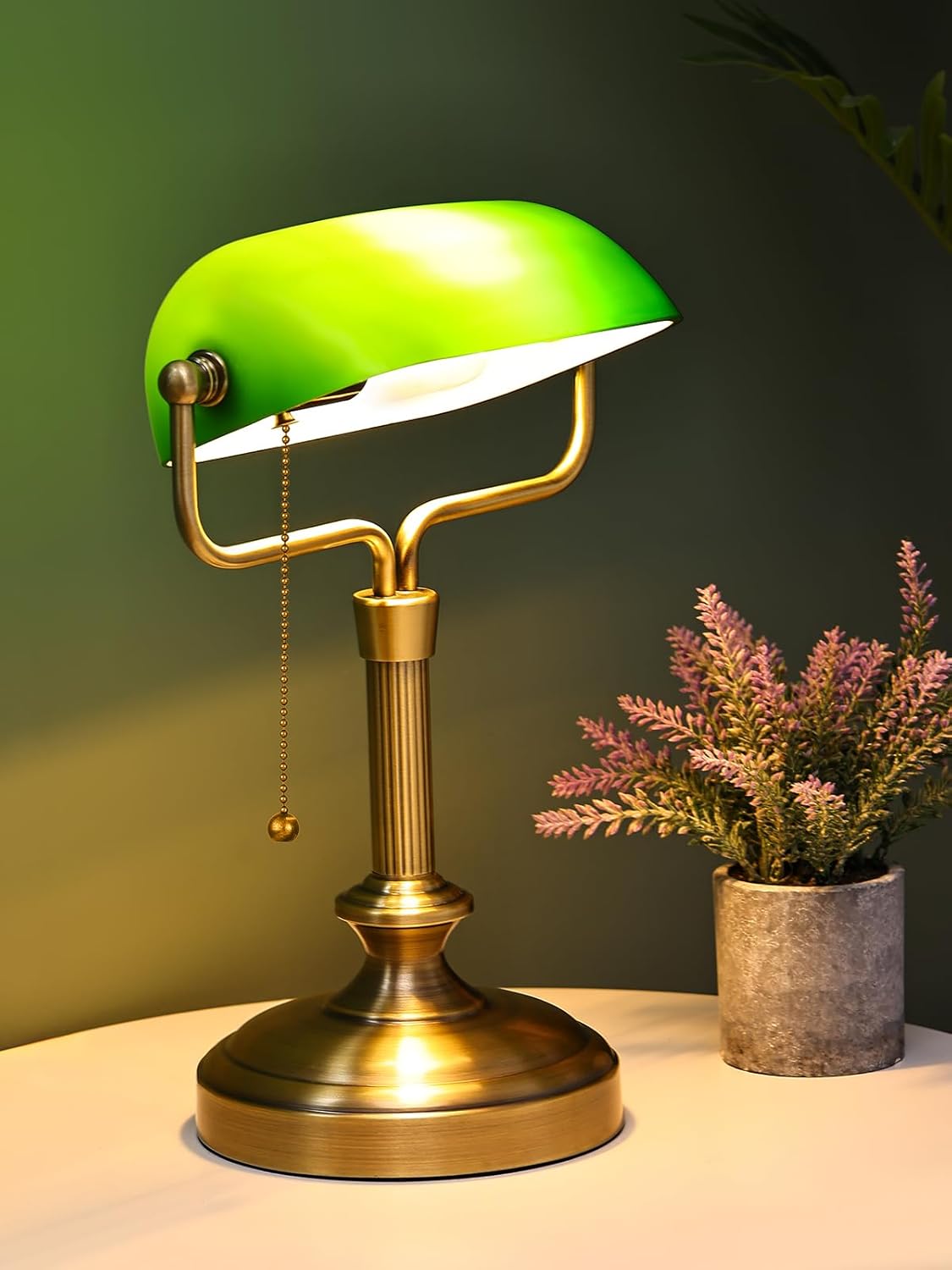 LOFOB Traditional Banker's Desk Lamp with Glass Shade,Pull Chain Switch, LED Bulb Included (Antique Bronze+Green)