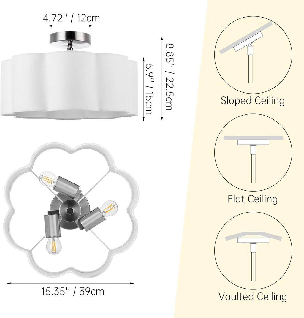 LOFOB 3-Light Semi Flush Mount Ceiling Light Fixture, Fabric Shade 3PCS LED Bulbs (White)