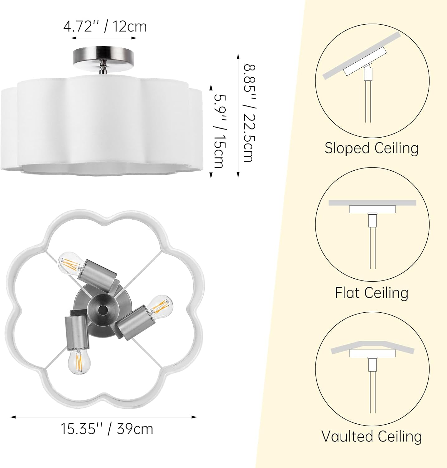 LOFOB 3-Light Semi Flush Mount Ceiling Light Fixture, Fabric Shade 3PCS LED Bulbs (White)