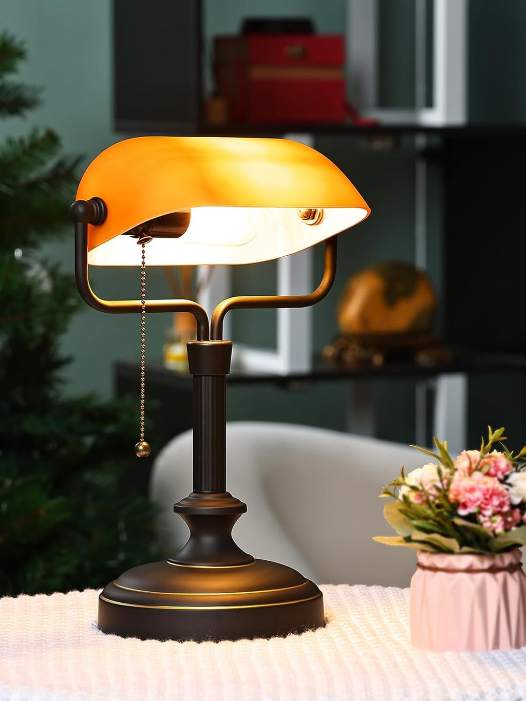 LOFOB Banker's Desk Lamp with Glass Shade,Pull Chain Switch, LED Bulb Included (Antique Black+Matt Amber)