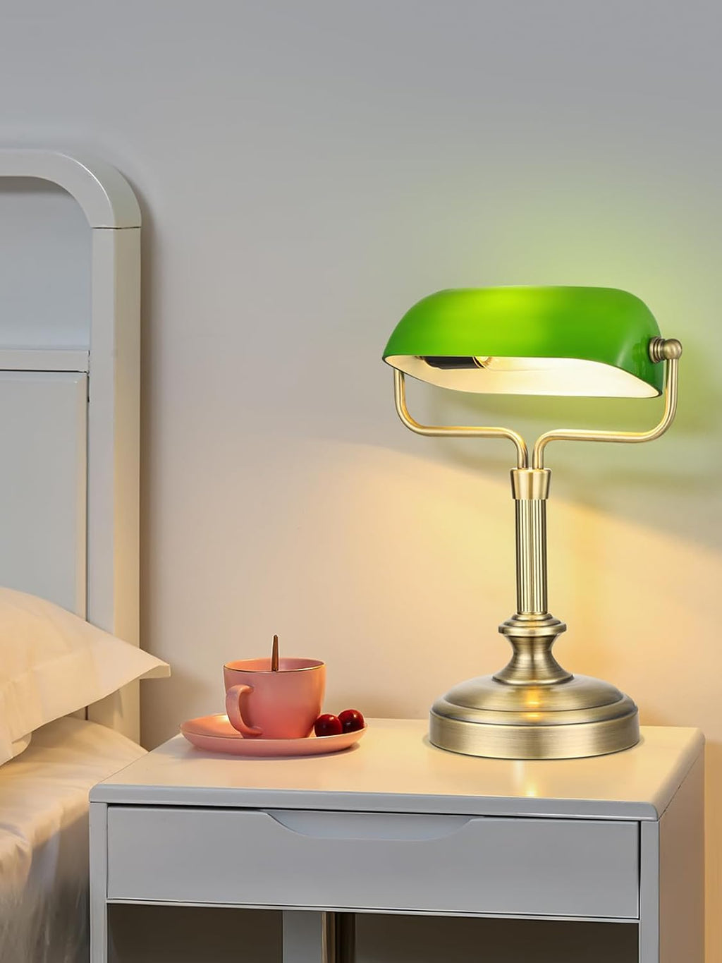 LOFOB Banker's Desk Lamp with Glass Shade,Pull Chain Switch, LED Bulb Included (Antique Brass+Green+Touch)