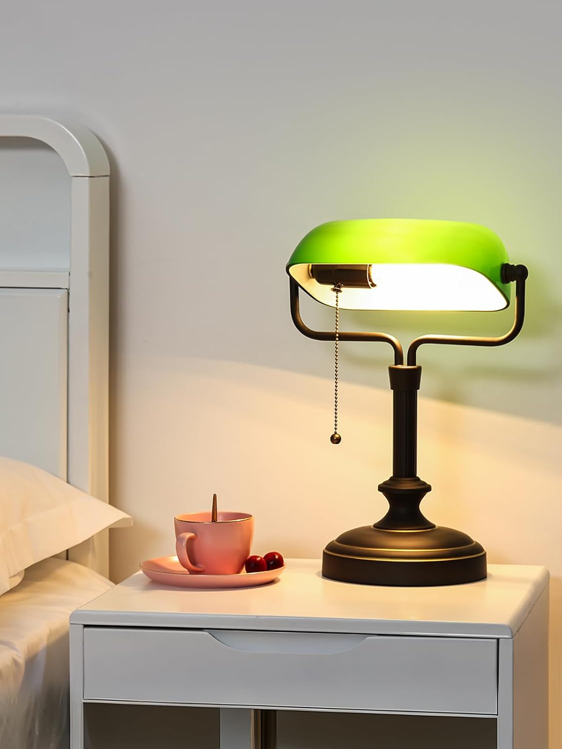 LOFOB Banker's Desk Lamp with Glass Shade,Pull Chain Switch, LED Bulb Included (Antique Black+Green)