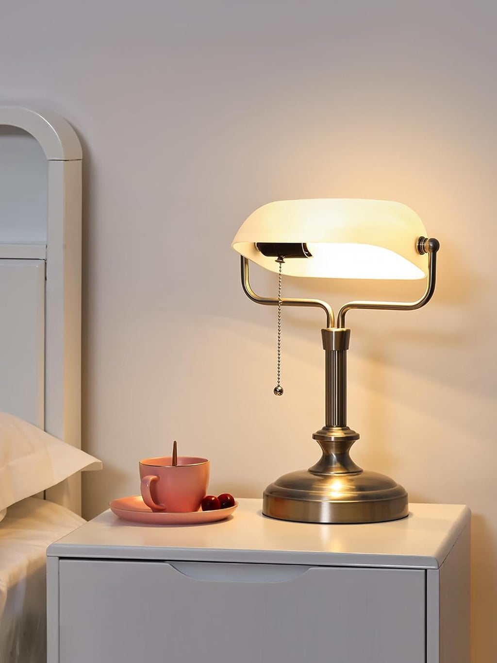 LOFOB Banker's Desk Lamp with Glass Shade,Pull Chain Switch, LED Bulb Included (Satin Nickle+White)