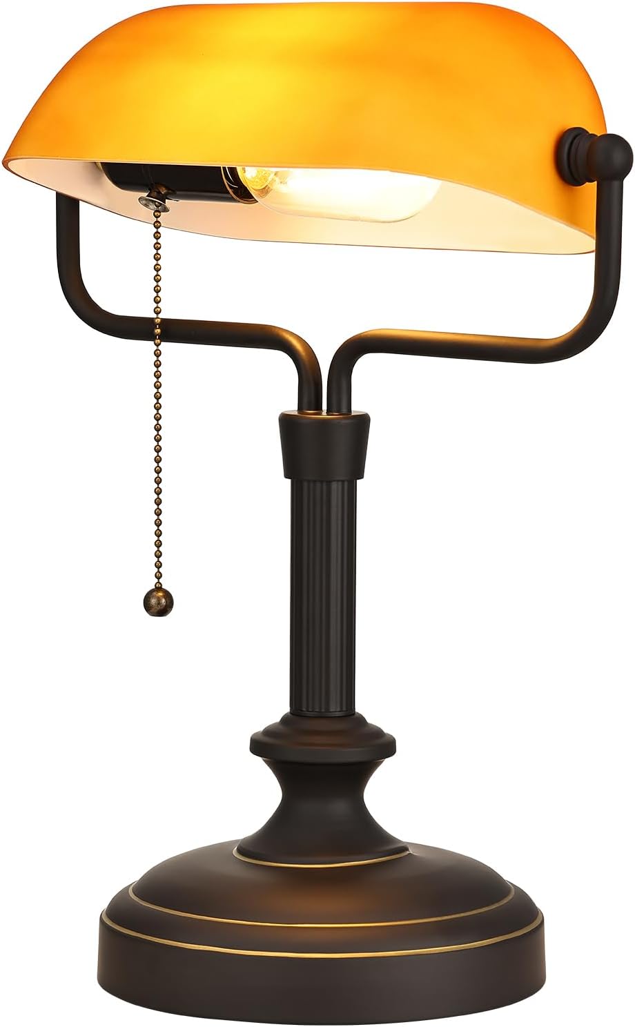 LOFOB Banker's Desk Lamp with Glass Shade,Pull Chain Switch, LED Bulb Included (Antique Black+Matt Amber)