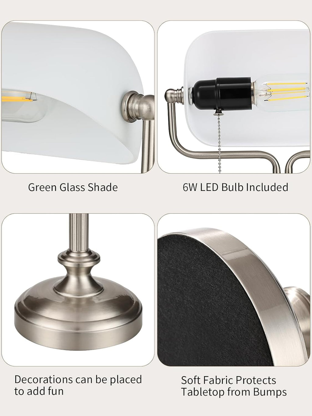 LOFOB Banker's Desk Lamp with Glass Shade,Pull Chain Switch, LED Bulb Included (Satin Nickle+White)