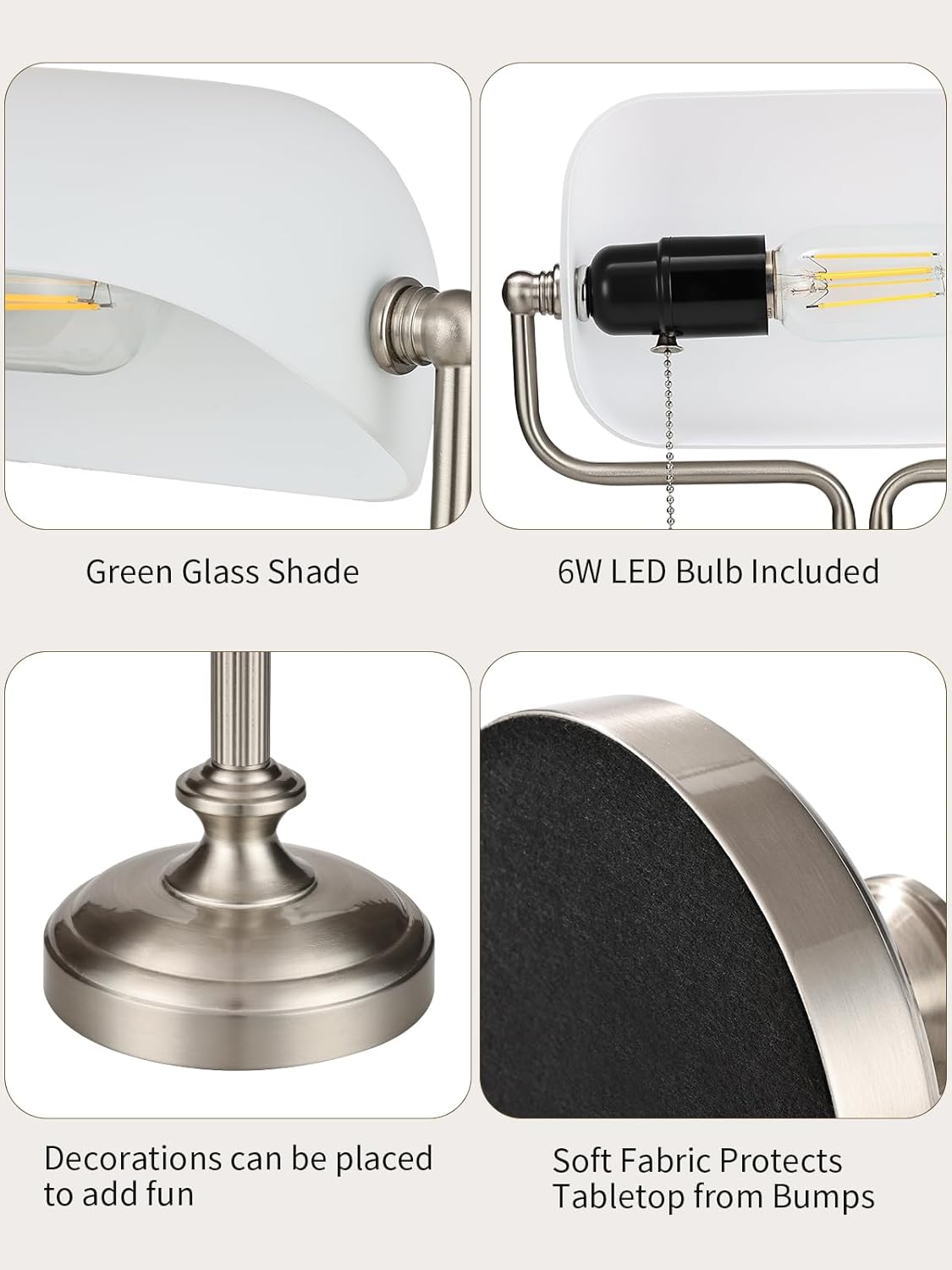 LOFOB Banker's Desk Lamp with Glass Shade,Pull Chain Switch, LED Bulb Included (Satin Nickle+White)