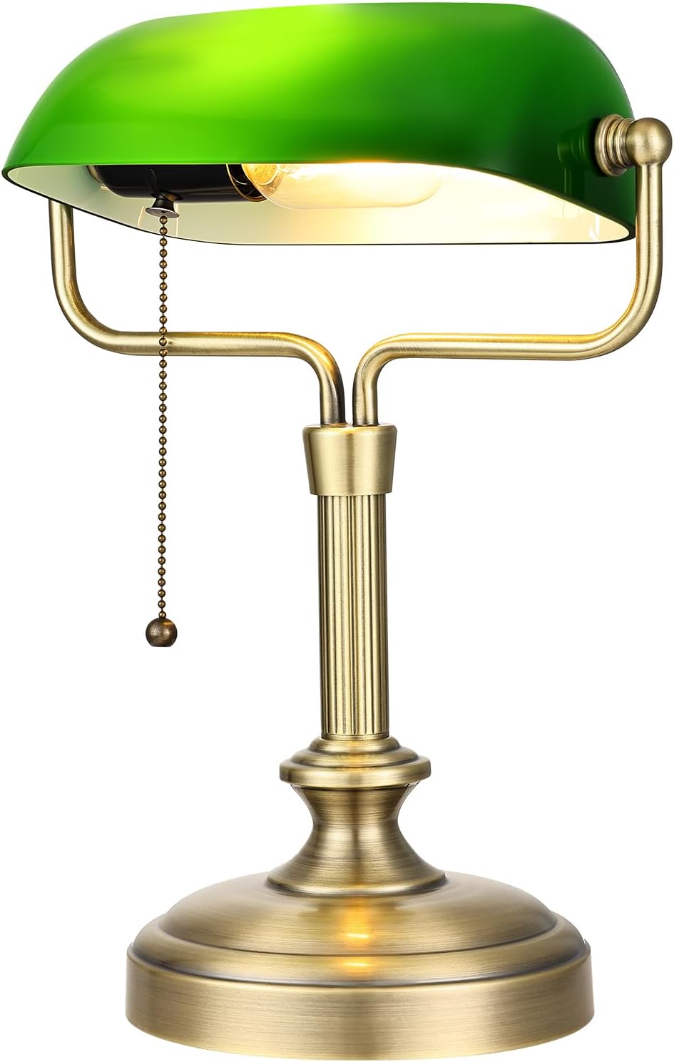 LOFOB Traditional Banker's Desk Lamp with Glass Shade,Pull Chain Switch, LED Bulb Included (Antique Bronze+Green)