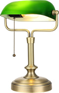 LOFOB Traditional Banker's Desk Lamp with Glass Shade,Pull Chain Switch, LED Bulb Included (Antique Bronze+Green)