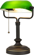 LOFOB Banker's Desk Lamp with Glass Shade,Pull Chain Switch, LED Bulb Included (Antique Black+Green)