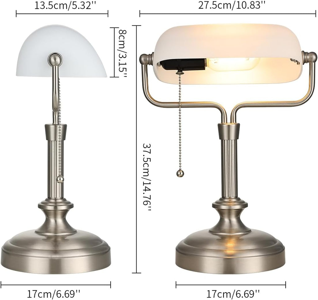 LOFOB Banker's Desk Lamp with Glass Shade,Pull Chain Switch, LED Bulb Included (Satin Nickle+White)