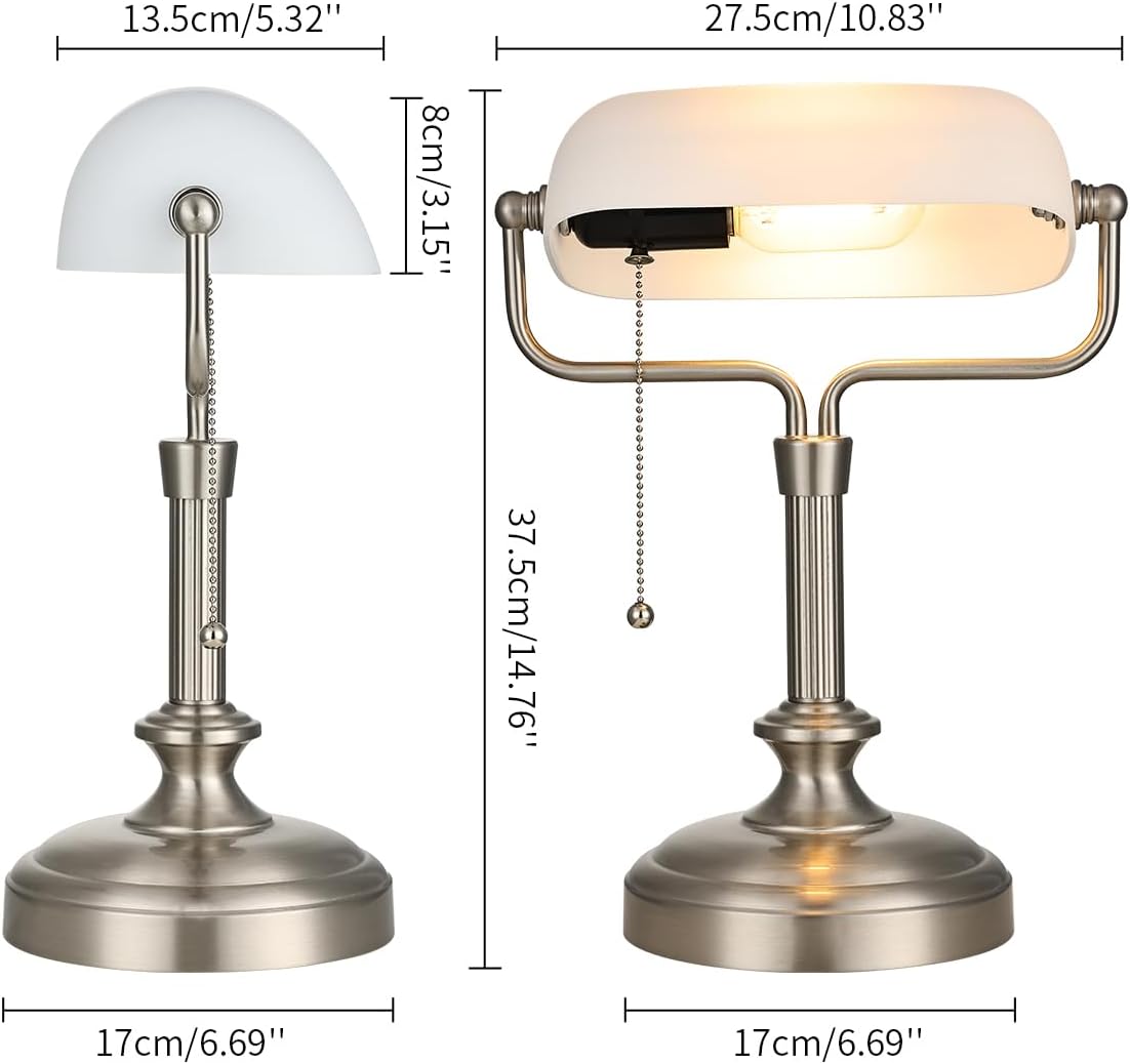 LOFOB Banker's Desk Lamp with Glass Shade,Pull Chain Switch, LED Bulb Included (Satin Nickle+White)