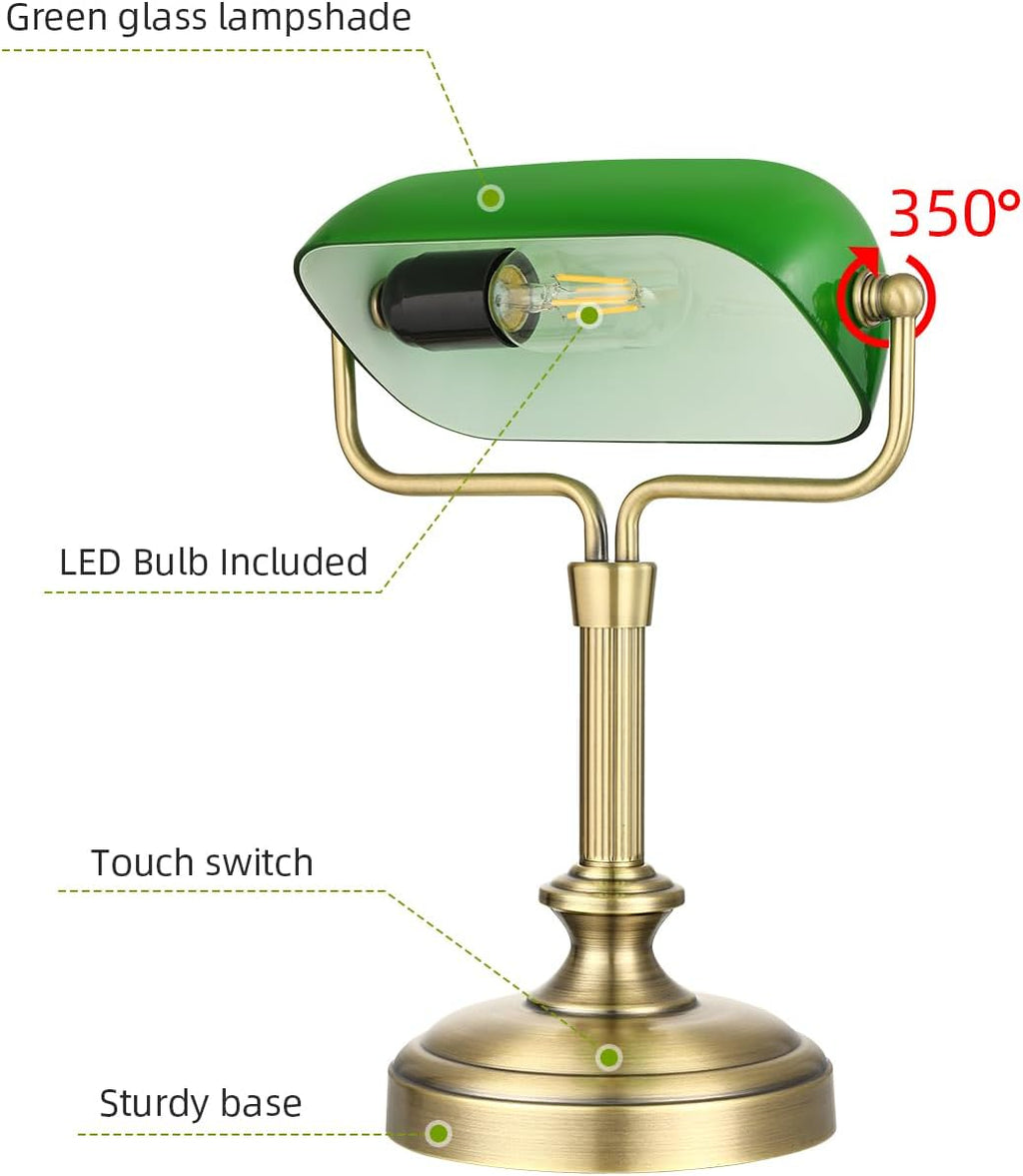 LOFOB Banker's Desk Lamp with Glass Shade,Pull Chain Switch, LED Bulb Included (Antique Brass+Green+Touch)
