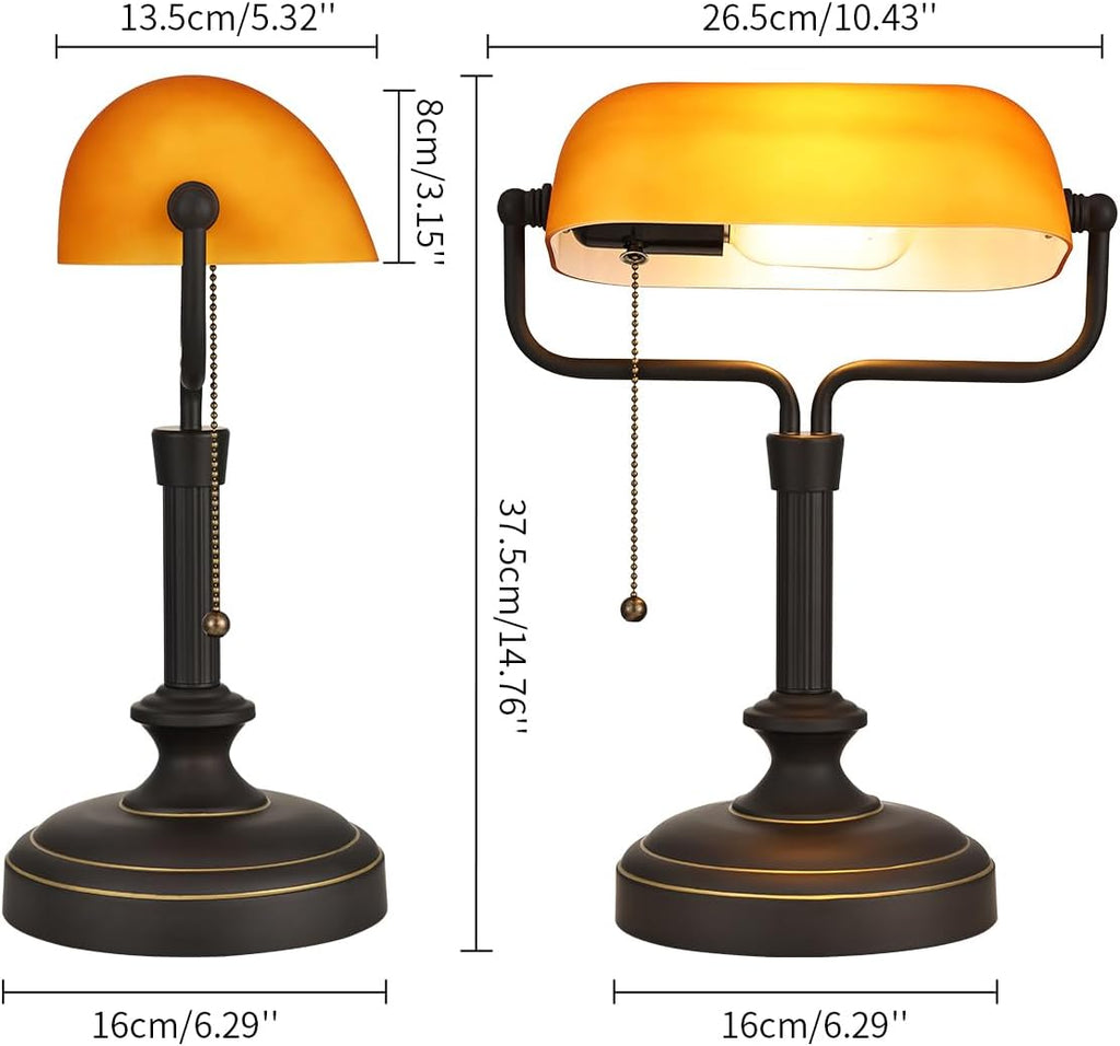 LOFOB Banker's Desk Lamp with Glass Shade,Pull Chain Switch, LED Bulb Included (Antique Black+Matt Amber)