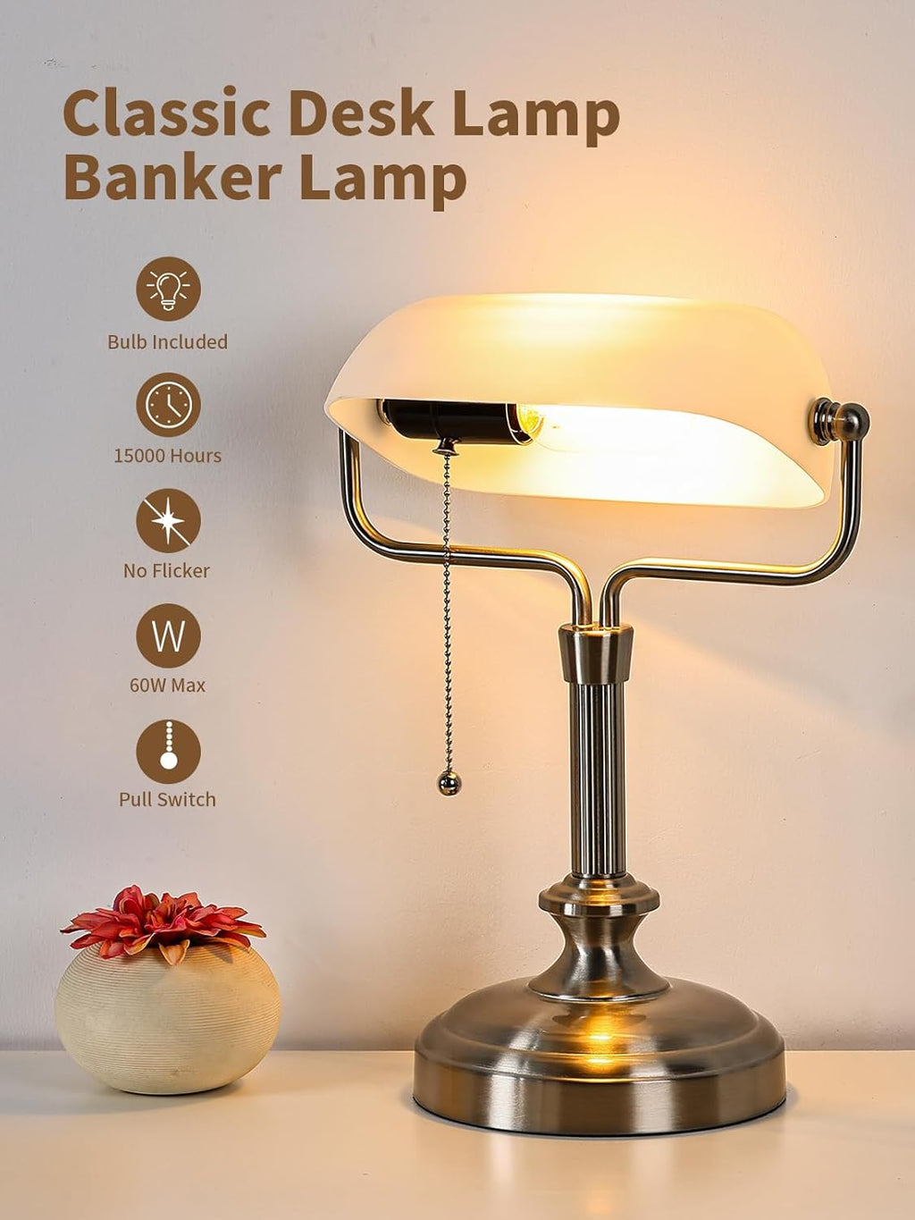 LOFOB Banker's Desk Lamp with Glass Shade,Pull Chain Switch, LED Bulb Included (Satin Nickle+White)