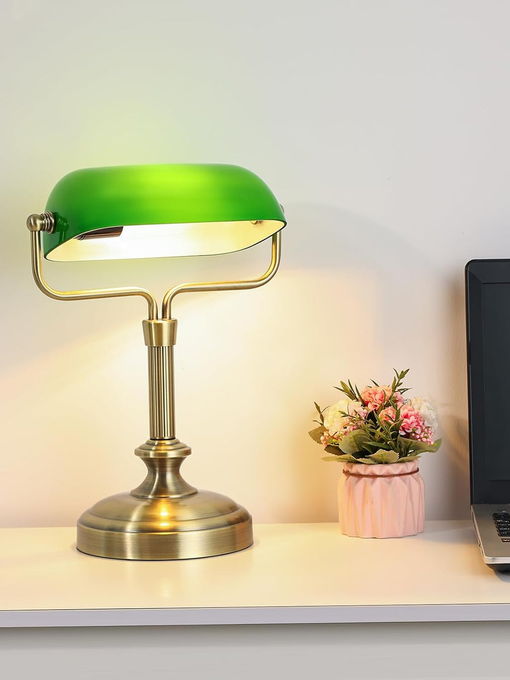 LOFOB Banker's Desk Lamp with Glass Shade,Pull Chain Switch, LED Bulb Included (Antique Brass+Green+Touch)