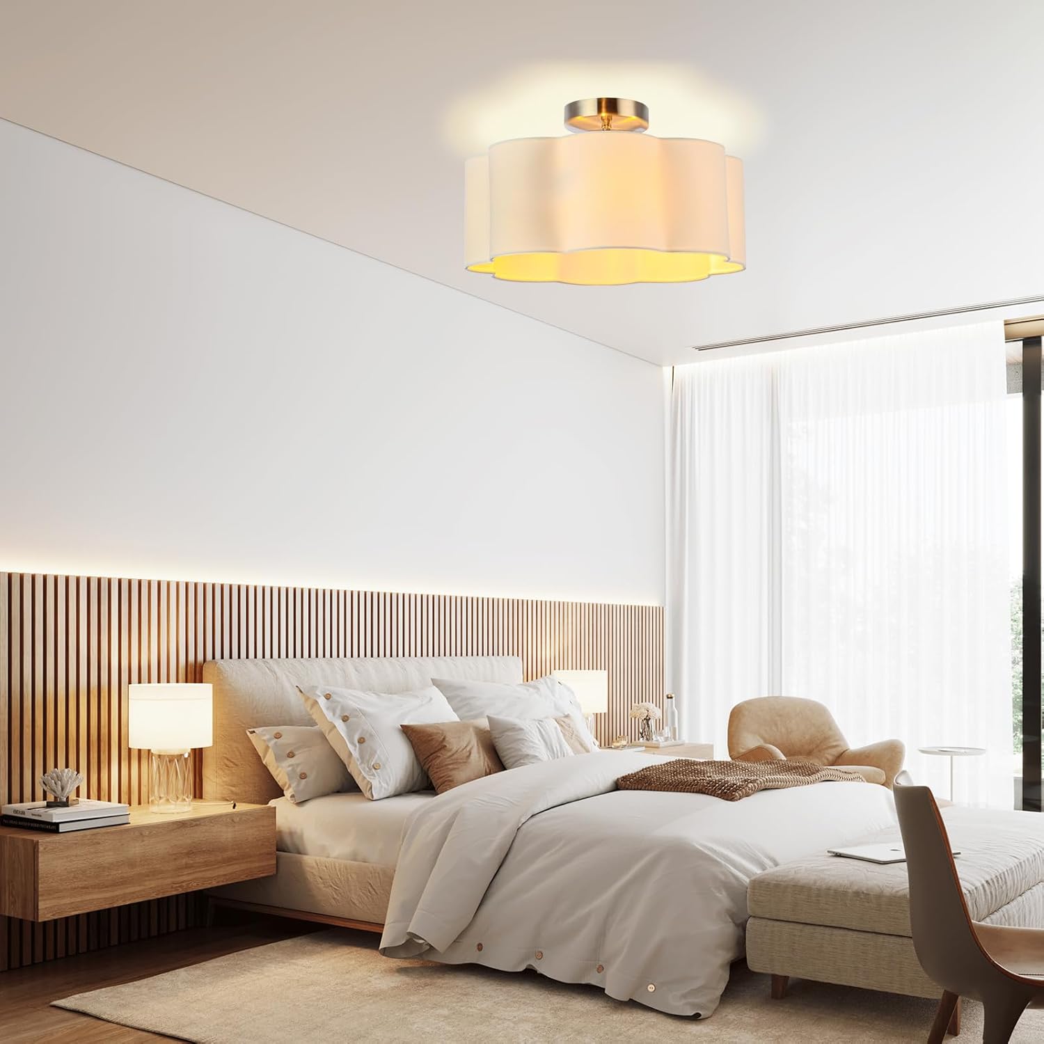 LOFOB 3-Light Semi Flush Mount Ceiling Light Fixture, Fabric Shade 3PCS LED Bulbs (White)