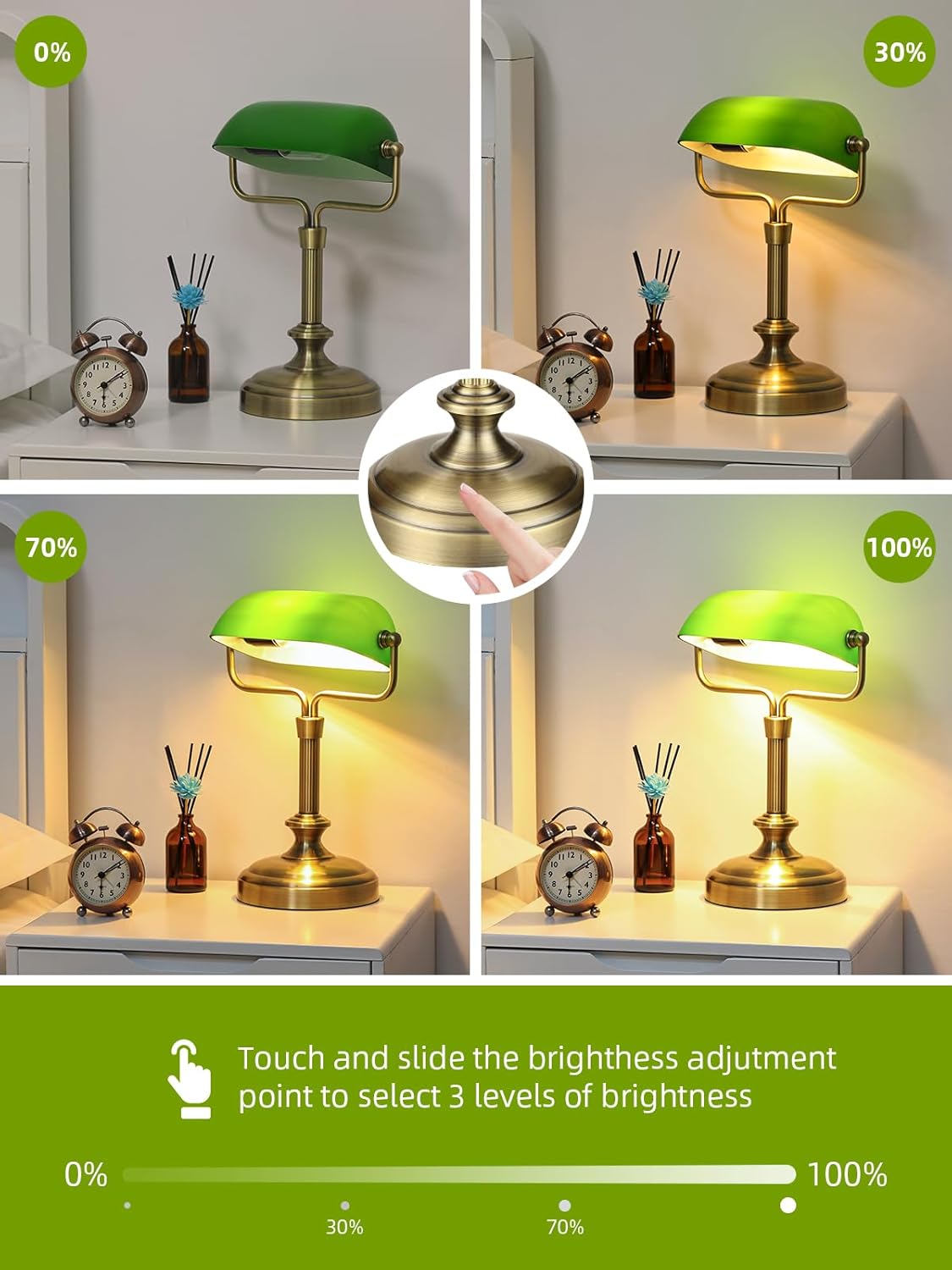 LOFOB Banker's Desk Lamp with Glass Shade,Pull Chain Switch, LED Bulb Included (Antique Brass+Green+Touch)