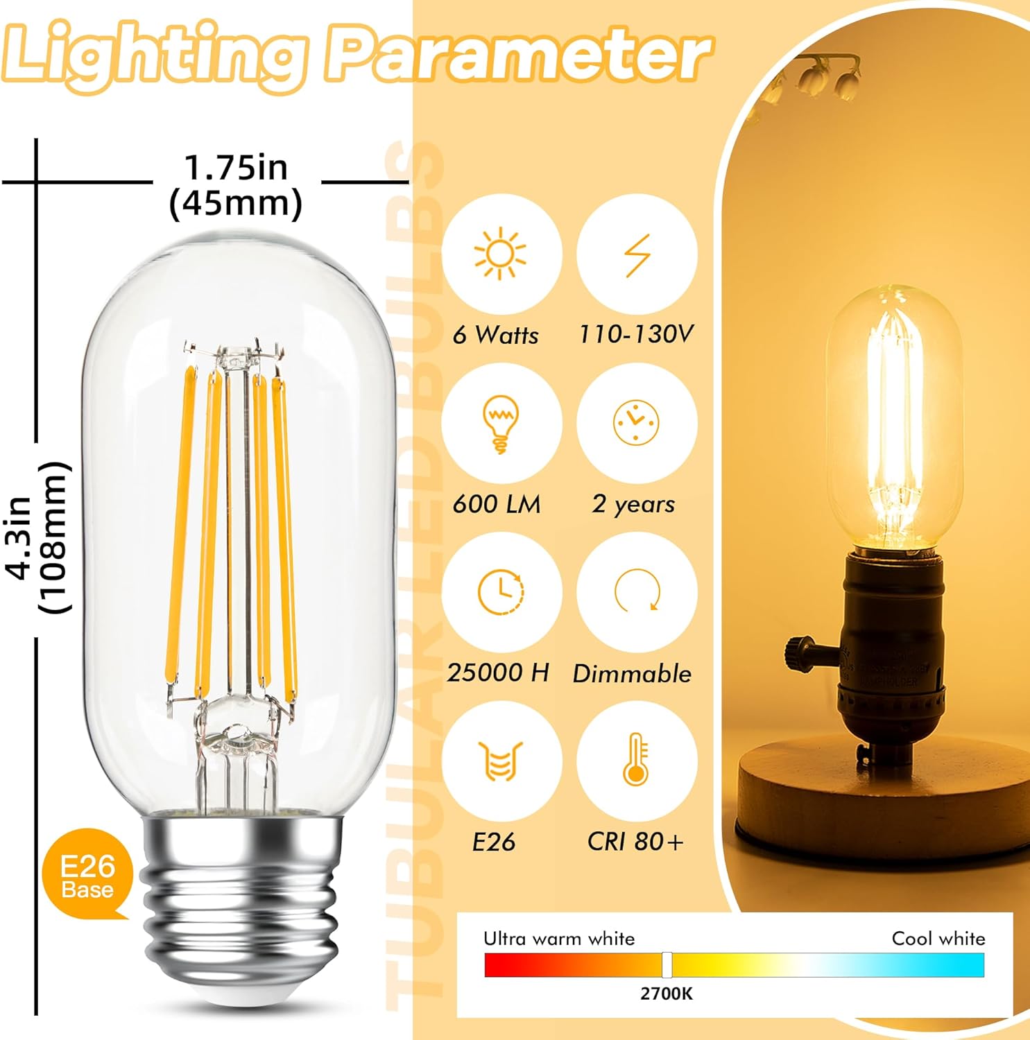LOFOB Dimmable E26 LED Edsion Bulbs 60Watt, 4.3 inches T45/T14 6W Tubular Light Bulbs, 900Lumen,2700K Warm White(2pcs)