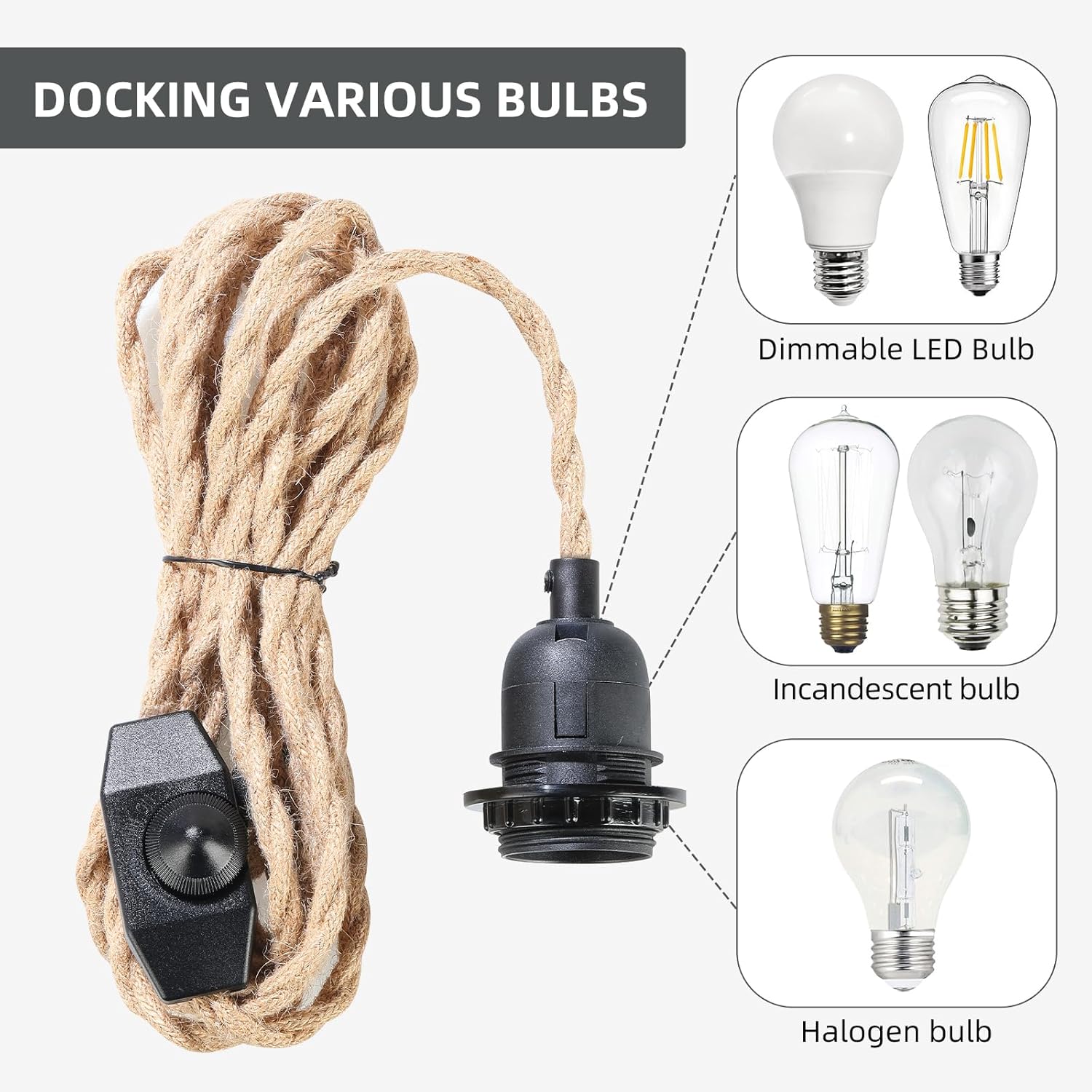 Plug in Hanging DIY Light Fixture,14.8FT Pendant Lamp Lights Rope Cord E26 Bulbs Socket (Natural Brown+Hemp Rope+Dimmable Switch)