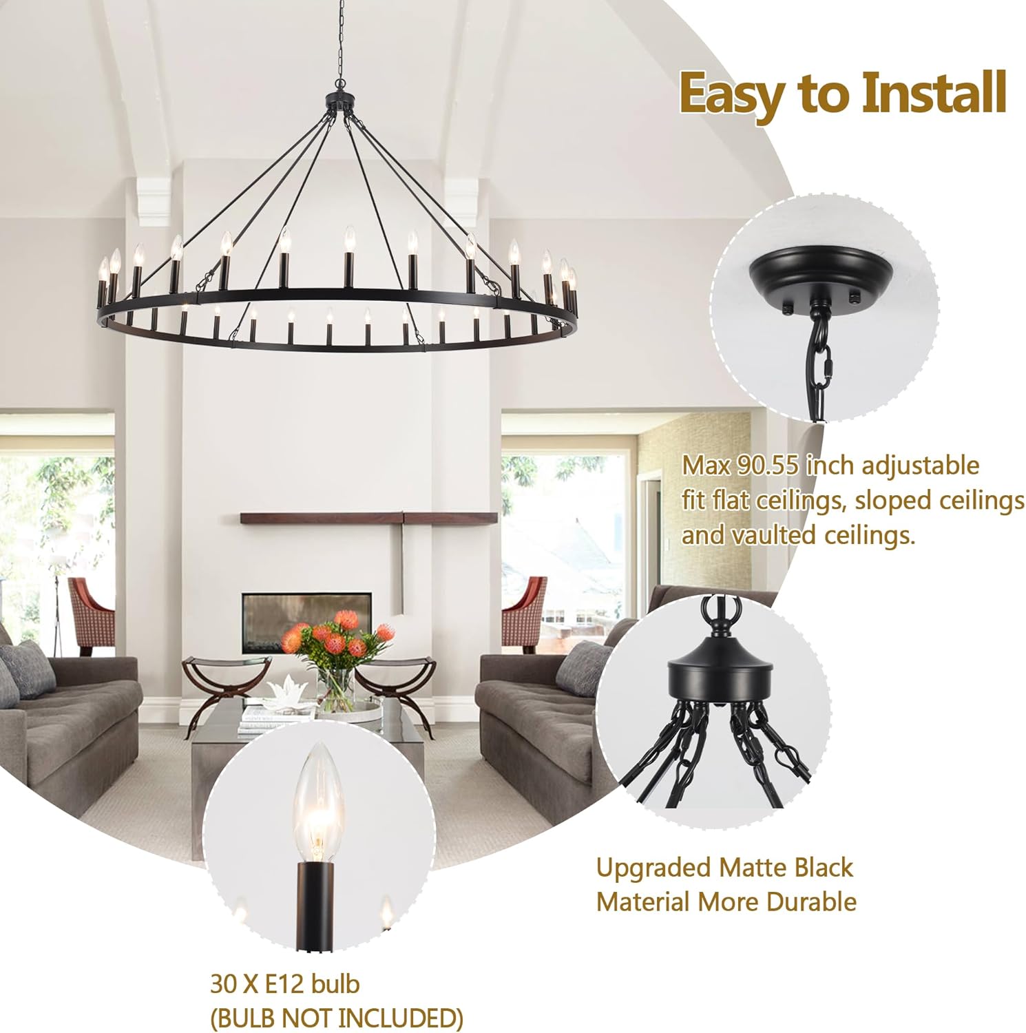 LOFOB Black Extra Large Wagon Wheel Chandelier, 60 inch 30 Lights