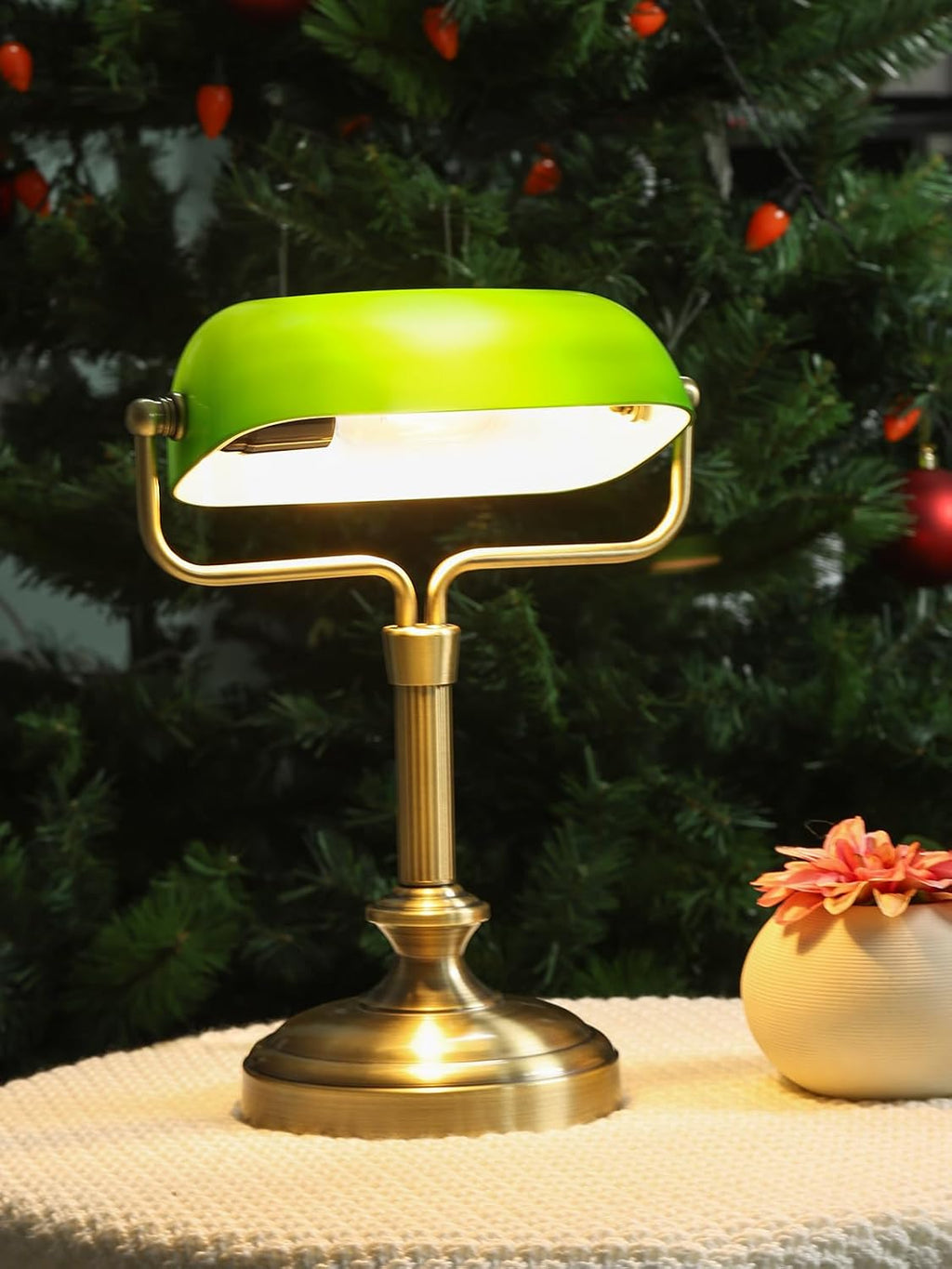 LOFOB Banker's Desk Lamp with Glass Shade,Pull Chain Switch, LED Bulb Included (Antique Brass+Green+Touch)