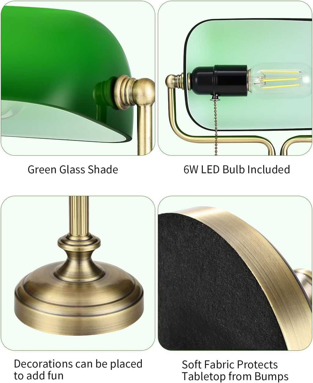 LOFOB Traditional Banker's Desk Lamp with Glass Shade,Pull Chain Switch, LED Bulb Included (Antique Bronze+Green)