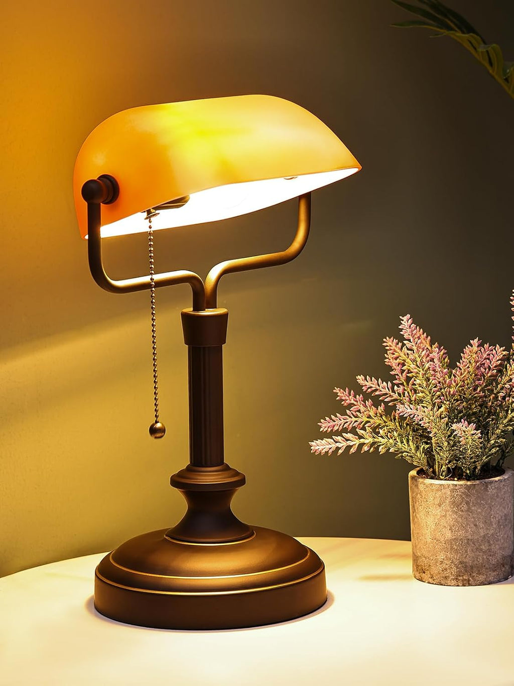 LOFOB Banker's Desk Lamp with Glass Shade,Pull Chain Switch, LED Bulb Included (Antique Black+Matt Amber)