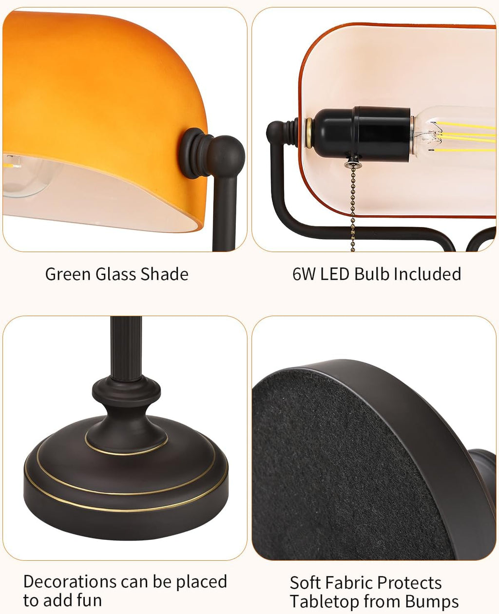 LOFOB Banker's Desk Lamp with Glass Shade,Pull Chain Switch, LED Bulb Included (Antique Black+Matt Amber)