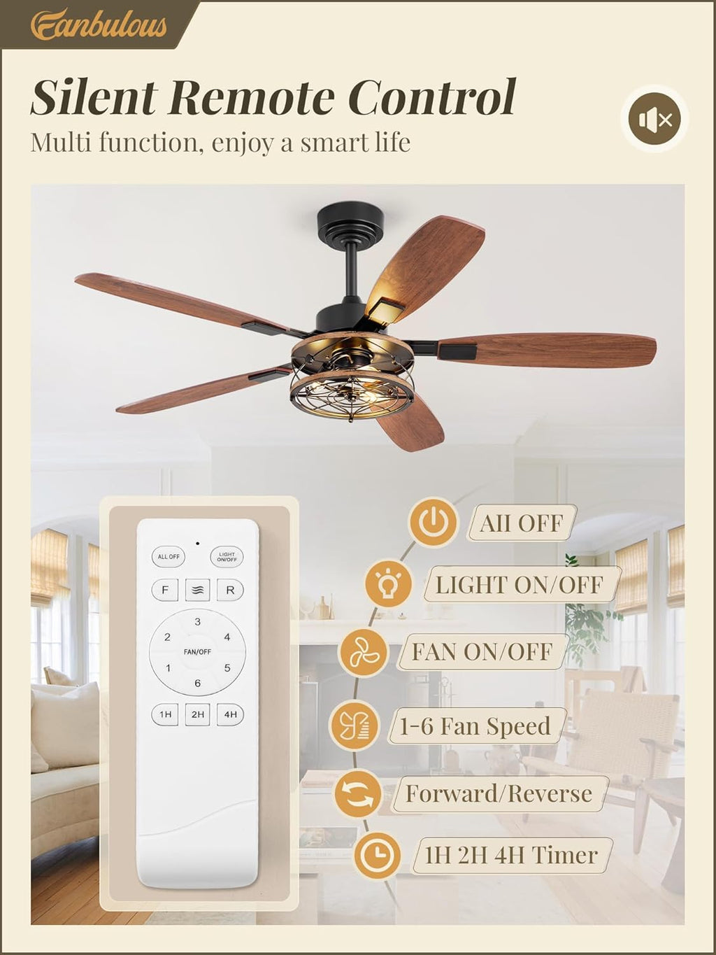 LOFOB 52 Inch Farmhouse Ceiling Fan with Light and Remote,Flush Mount 6 Speed Reversible Motor and Dual Finish 5 Blades