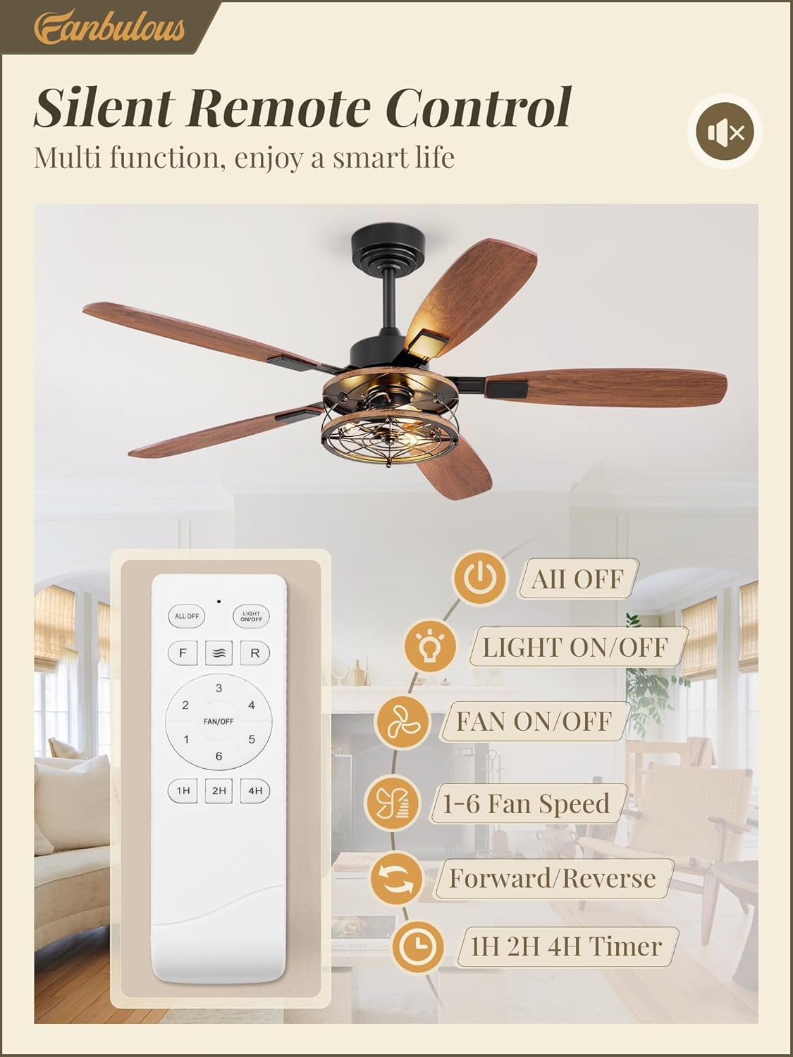 LOFOB 52 Inch Farmhouse Ceiling Fan with Light and Remote,Flush Mount 6 Speed Reversible Motor and Dual Finish 5 Blades