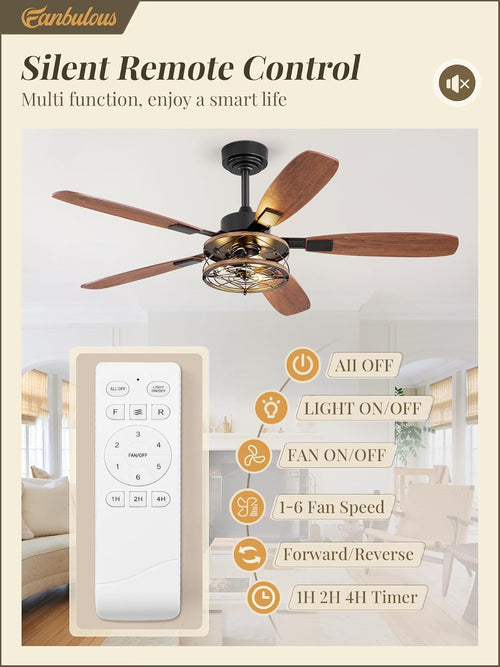 LOFOB 52 Inch Farmhouse Ceiling Fan with Light and Remote,Flush Mount 6 Speed Reversible Motor and Dual Finish 5 Blades