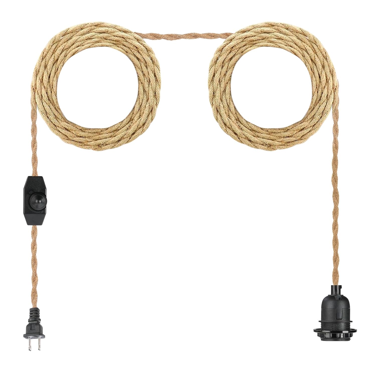 Plug in Hanging DIY Light Fixture,14.8FT Pendant Lamp Lights Rope Cord E26 Bulbs Socket (Natural Brown+Hemp Rope+Dimmable Switch)