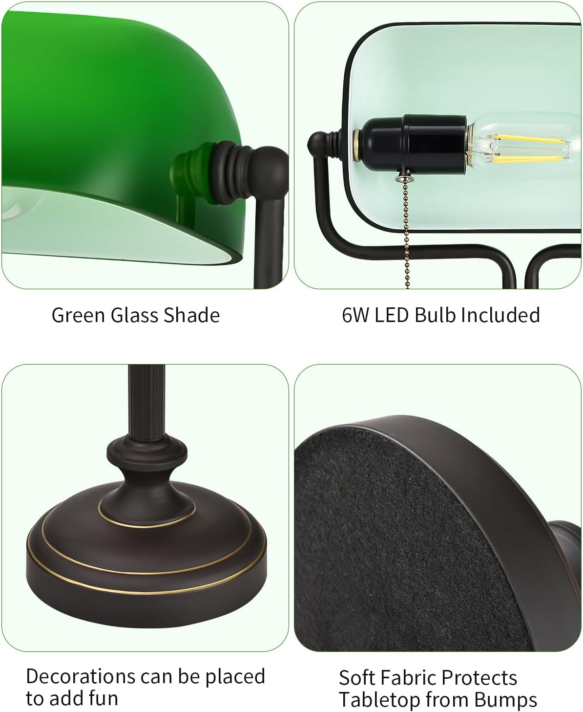 LOFOB Banker's Desk Lamp with Glass Shade,Pull Chain Switch, LED Bulb Included (Antique Black+Green)