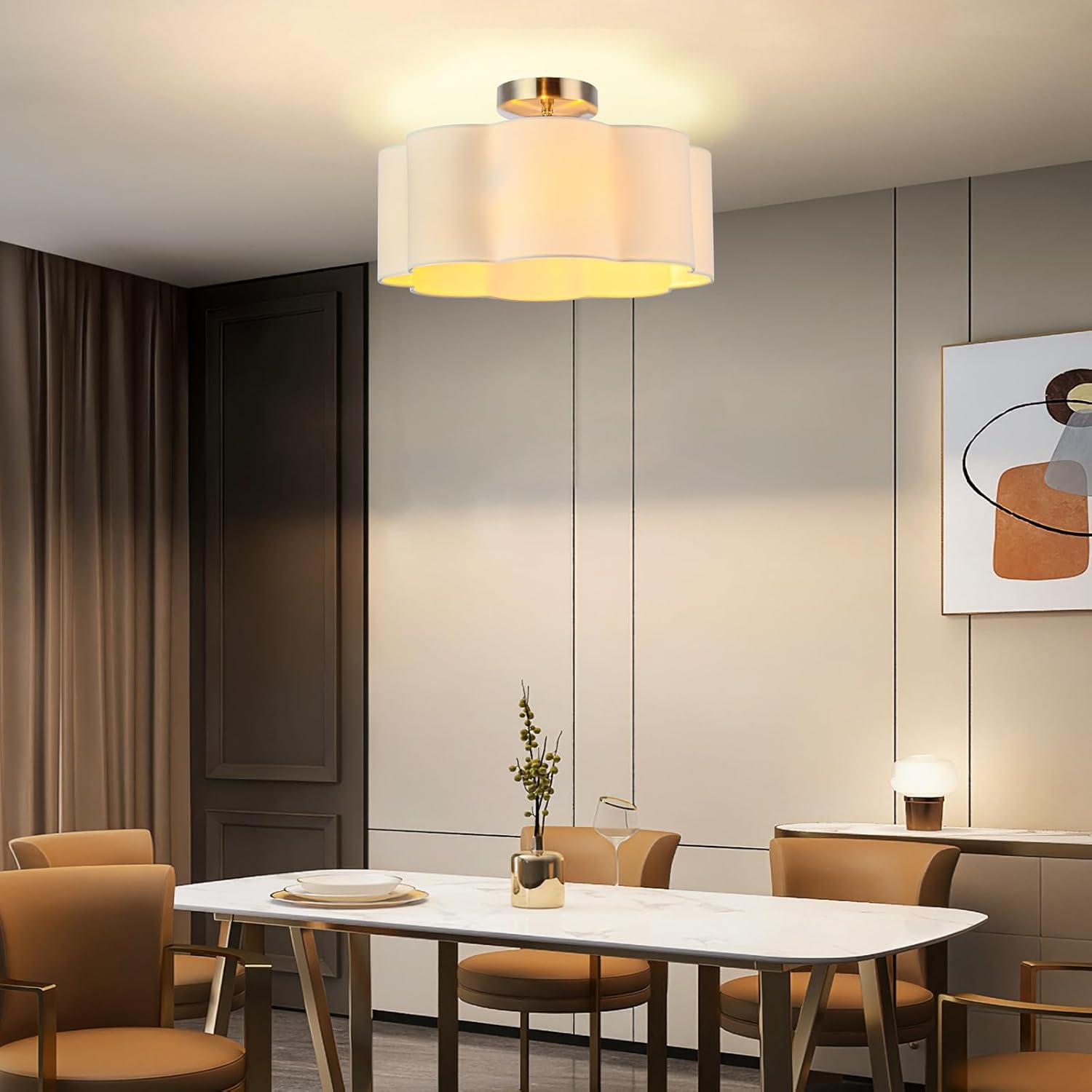 LOFOB 3-Light Semi Flush Mount Ceiling Light Fixture, Fabric Shade 3PCS LED Bulbs (White)