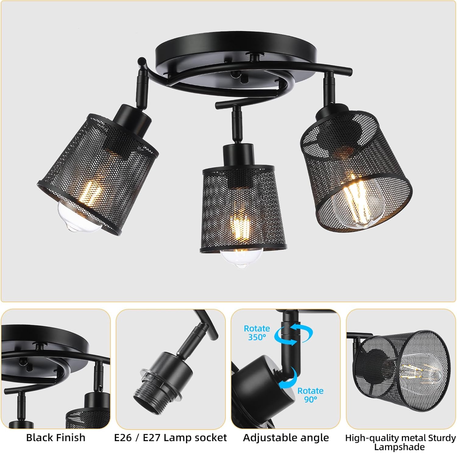 LOFOB 3 Lights Industrial Retro Iron Metal Mesh Ceiling Light