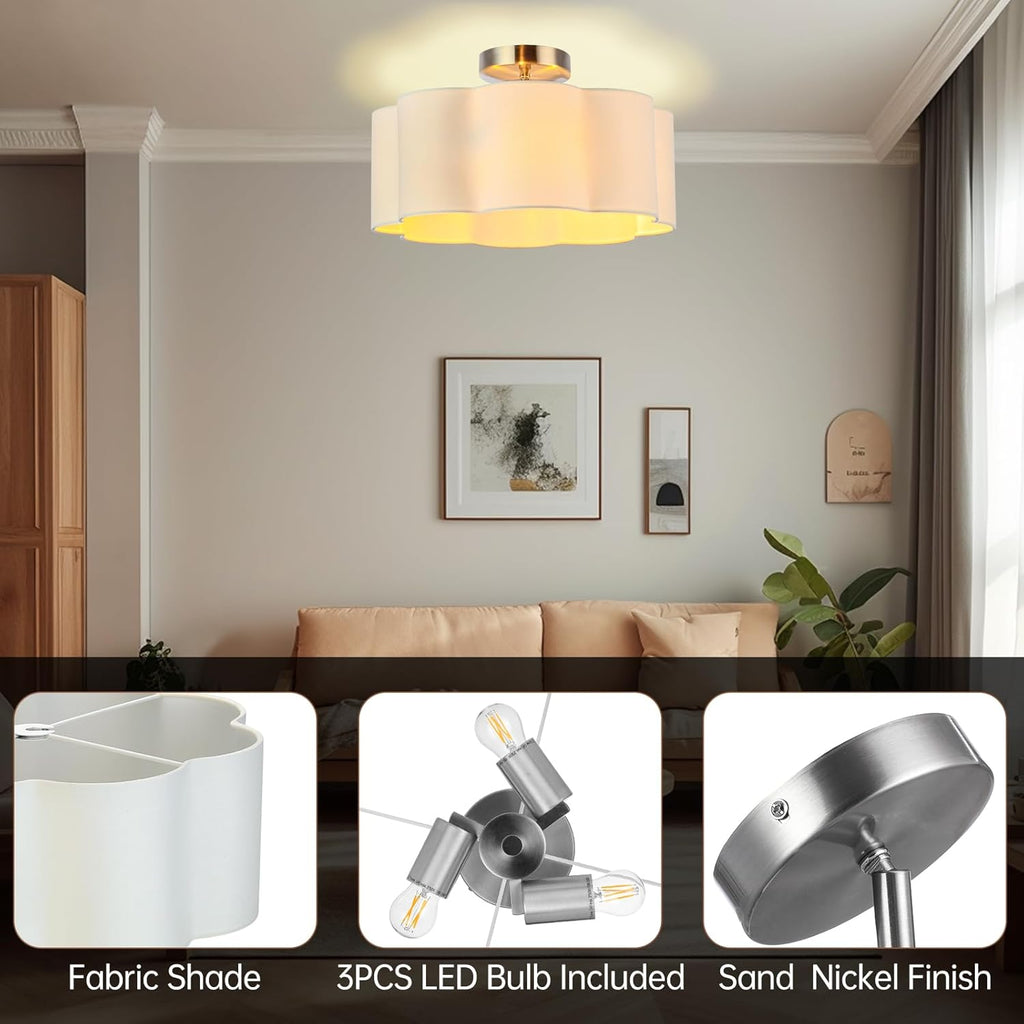LOFOB 3-Light Semi Flush Mount Ceiling Light Fixture, Fabric Shade 3PCS LED Bulbs (White)