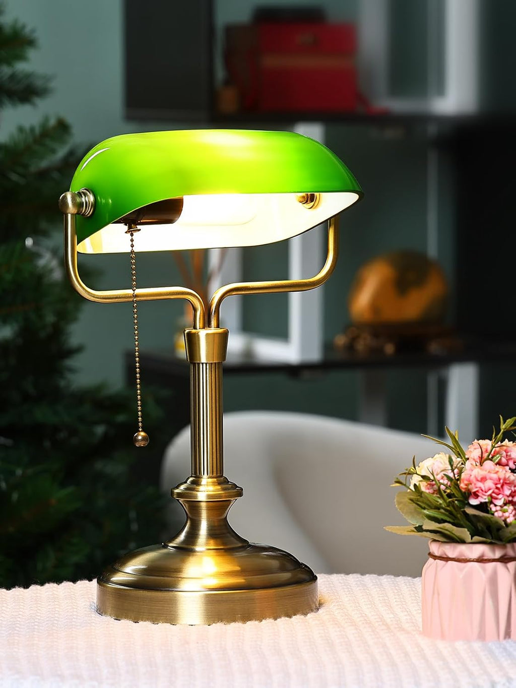 LOFOB Traditional Banker's Desk Lamp with Glass Shade,Pull Chain Switch, LED Bulb Included (Antique Bronze+Green)