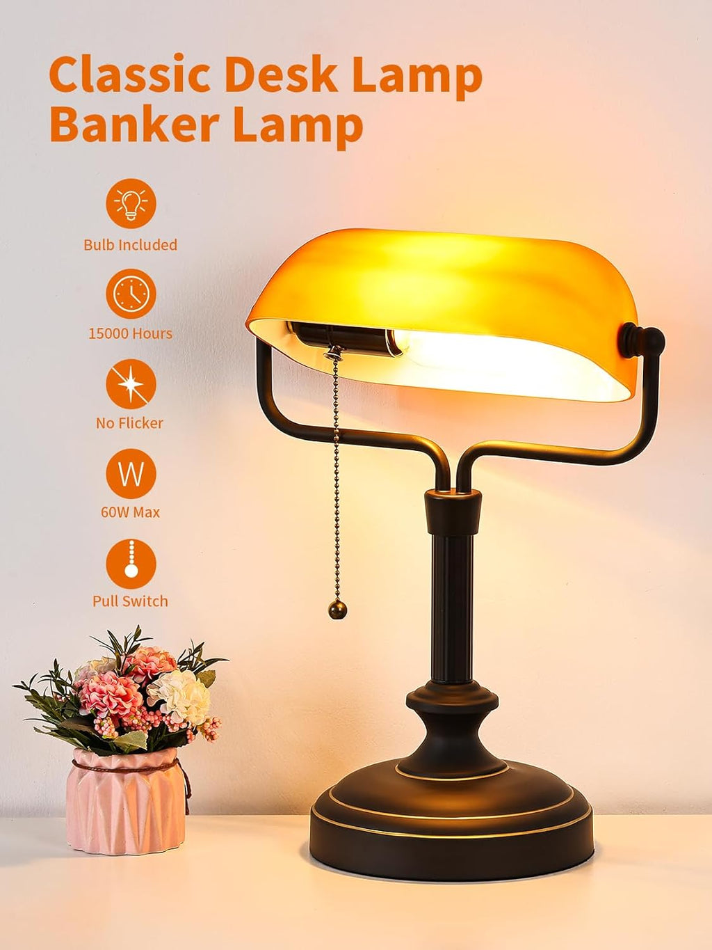 LOFOB Banker's Desk Lamp with Glass Shade,Pull Chain Switch, LED Bulb Included (Antique Black+Matt Amber)