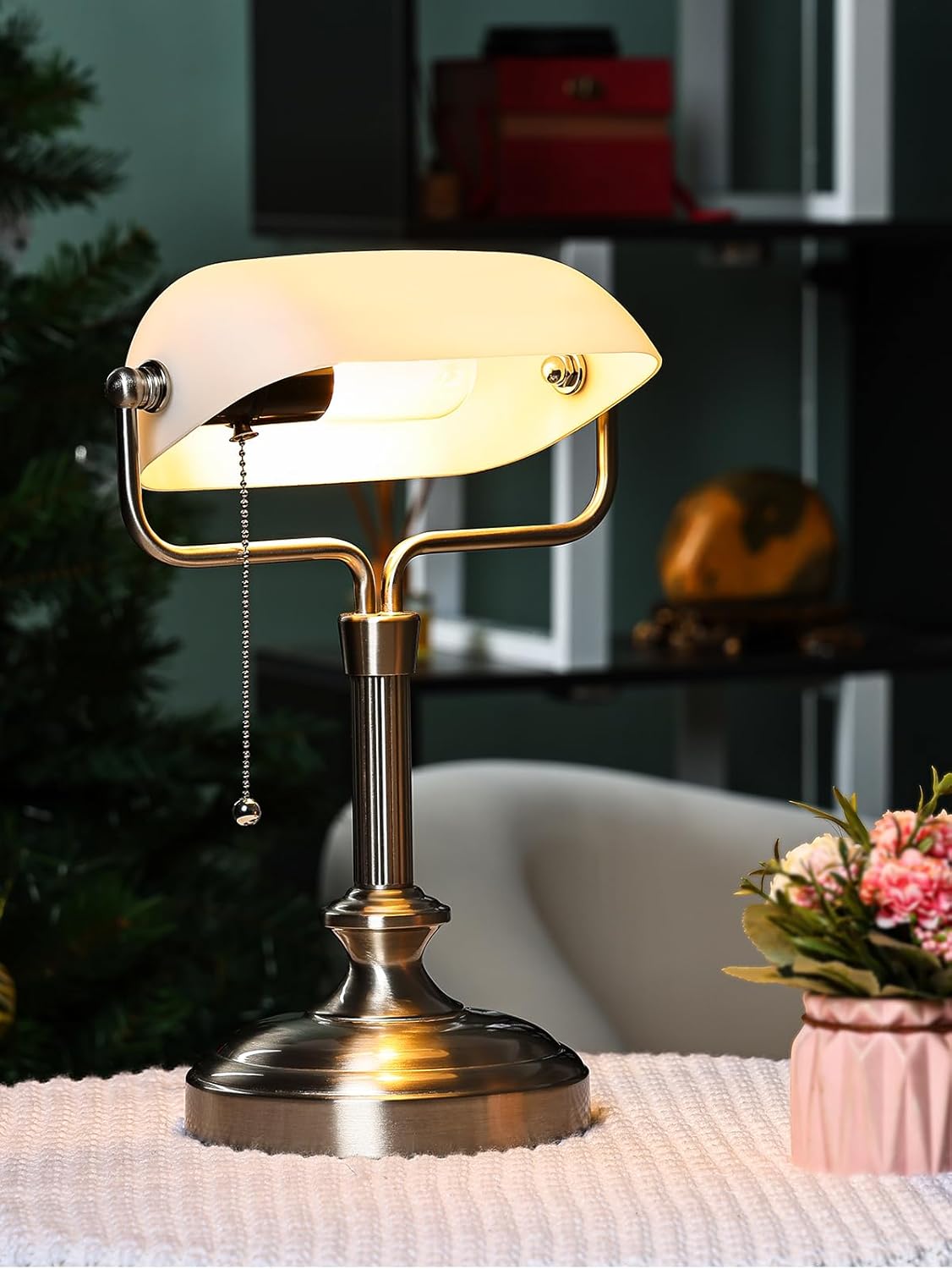 LOFOB Banker's Desk Lamp with Glass Shade,Pull Chain Switch, LED Bulb Included (Satin Nickle+White)