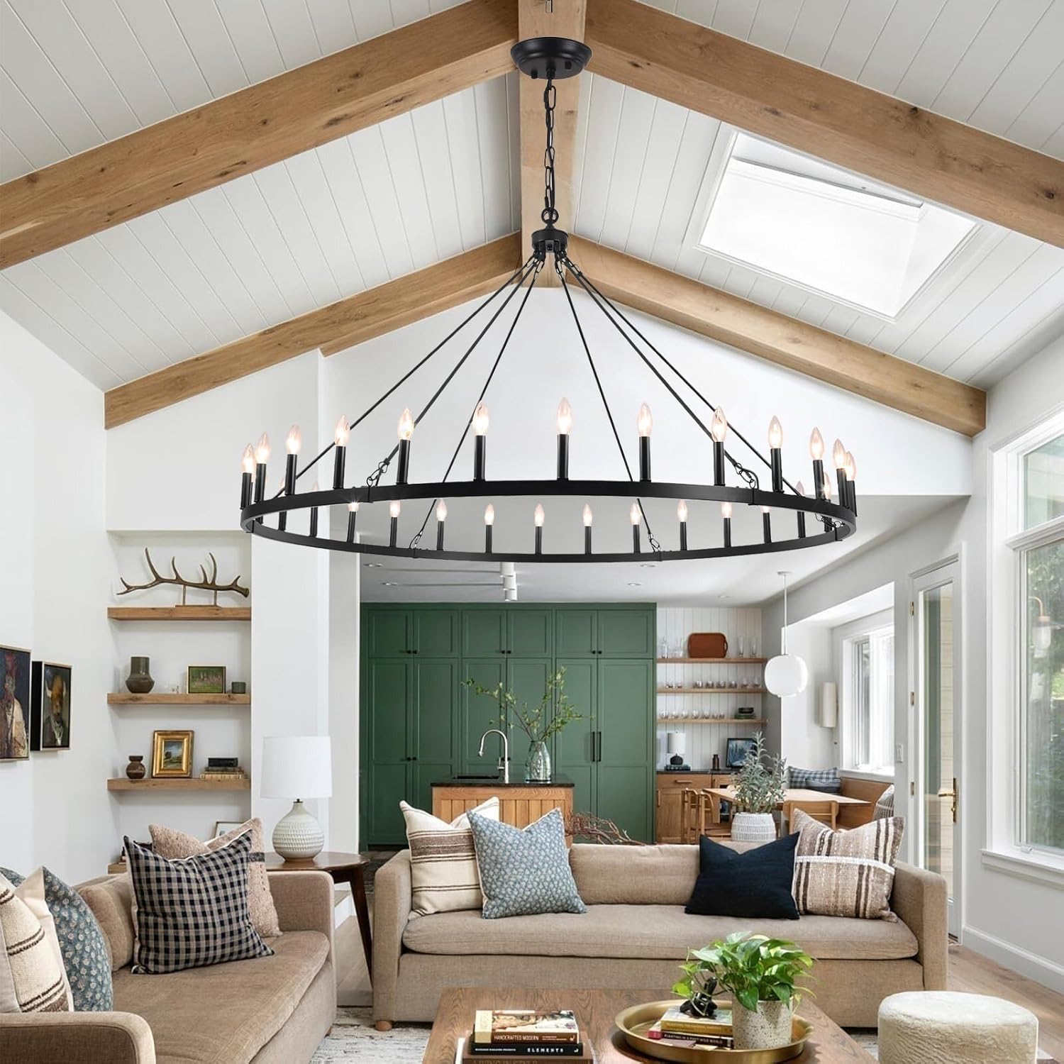 LOFOB Black Extra Large Wagon Wheel Chandelier, 60 inch 30 Lights