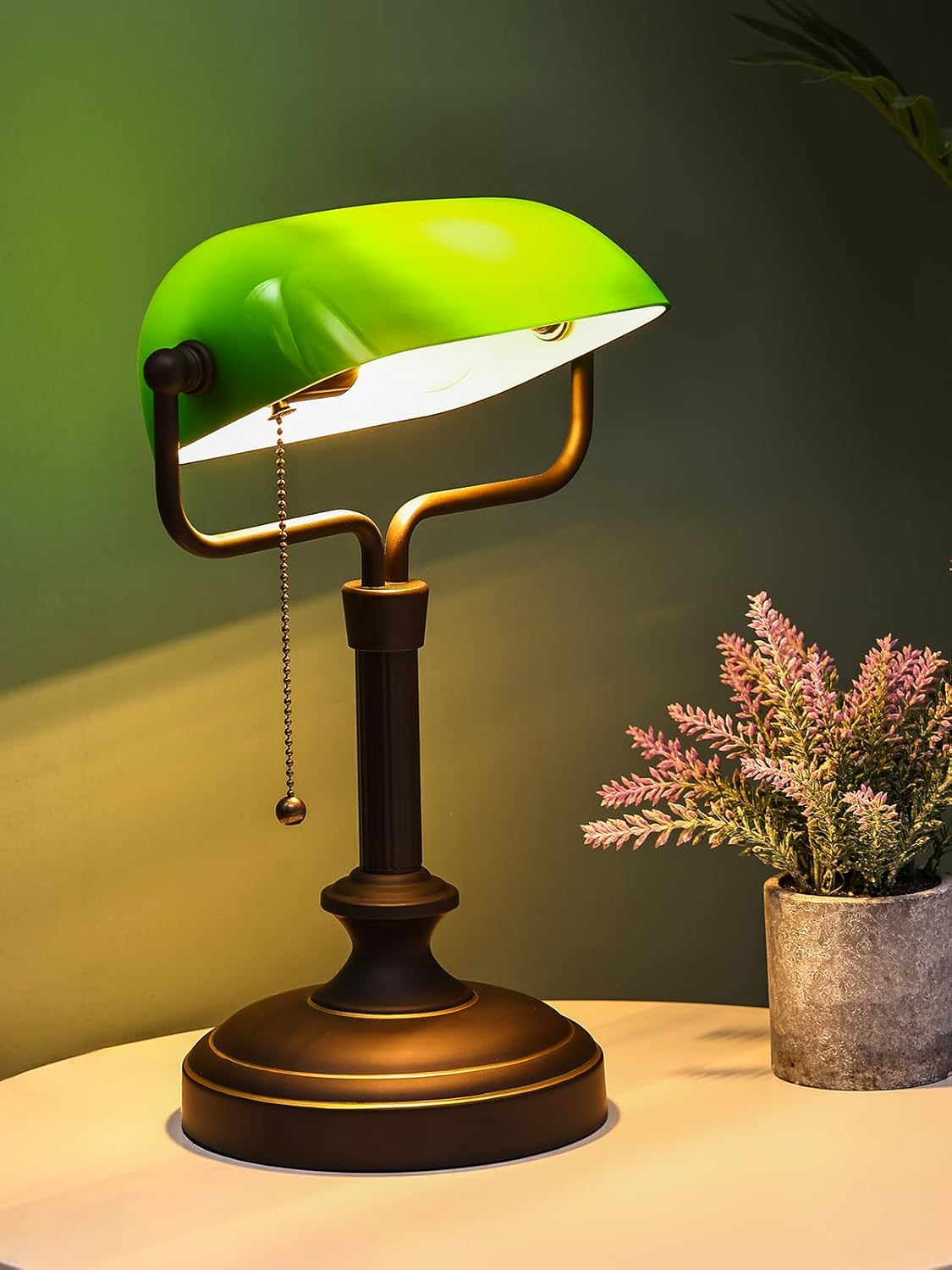 LOFOB Green Glass Banker's Lamp Shade Replacement Cover L8.85 W5.11,with E26 socket Pull Chain Switch