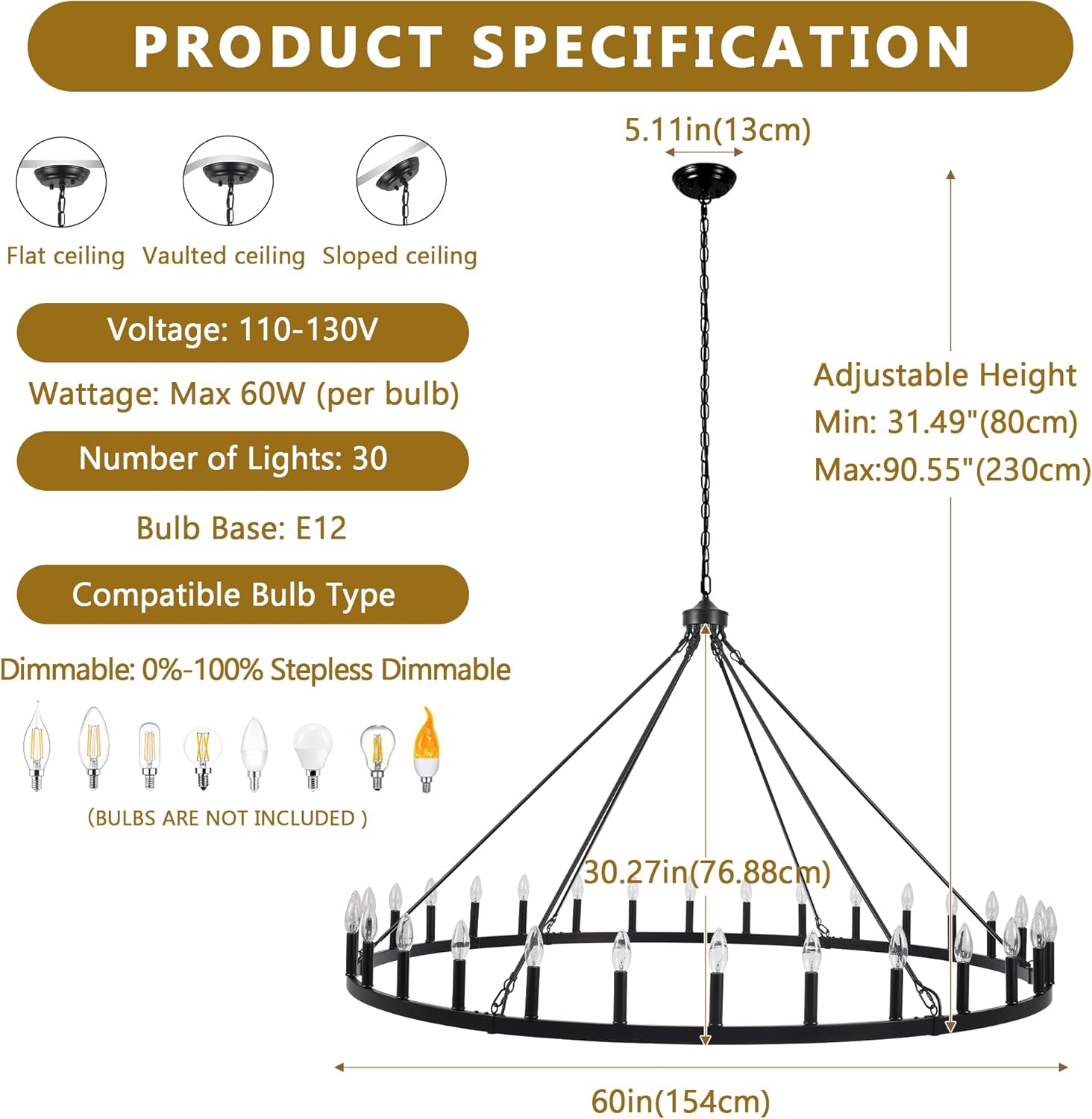 LOFOB Black Extra Large Wagon Wheel Chandelier, 60 inch 30 Lights