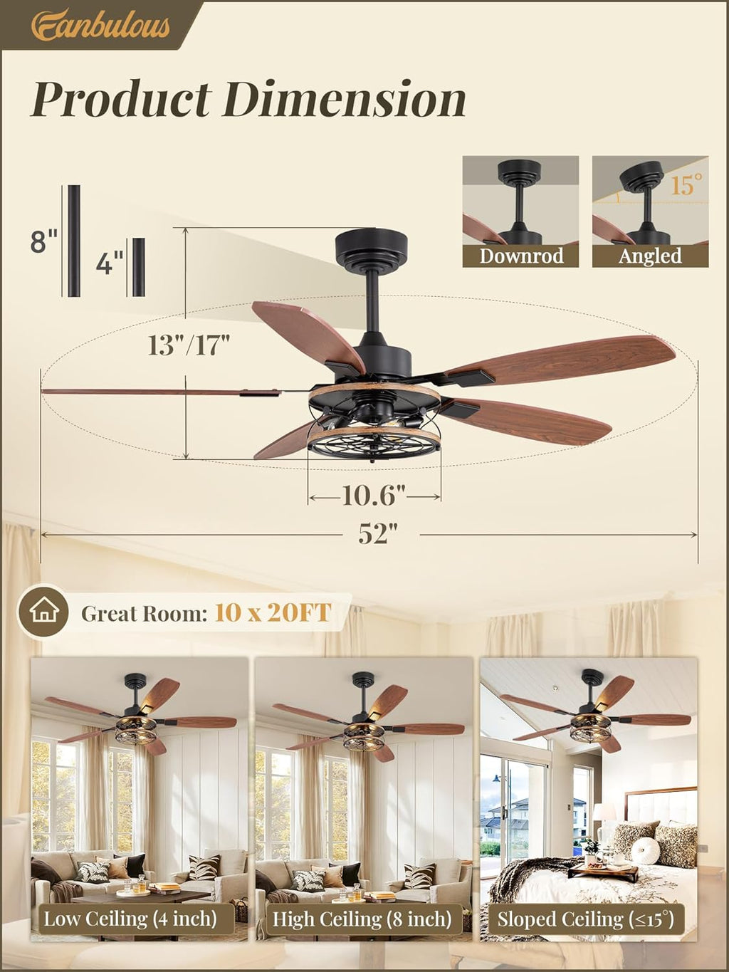 LOFOB 52 Inch Farmhouse Ceiling Fan with Light and Remote,Flush Mount 6 Speed Reversible Motor and Dual Finish 5 Blades
