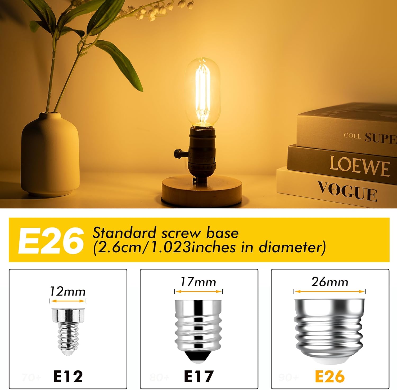 LOFOB Dimmable E26 LED Edsion Bulbs 60Watt, 4.3 inches T45/T14 6W Tubular Light Bulbs, 900Lumen,2700K Warm White(2pcs)